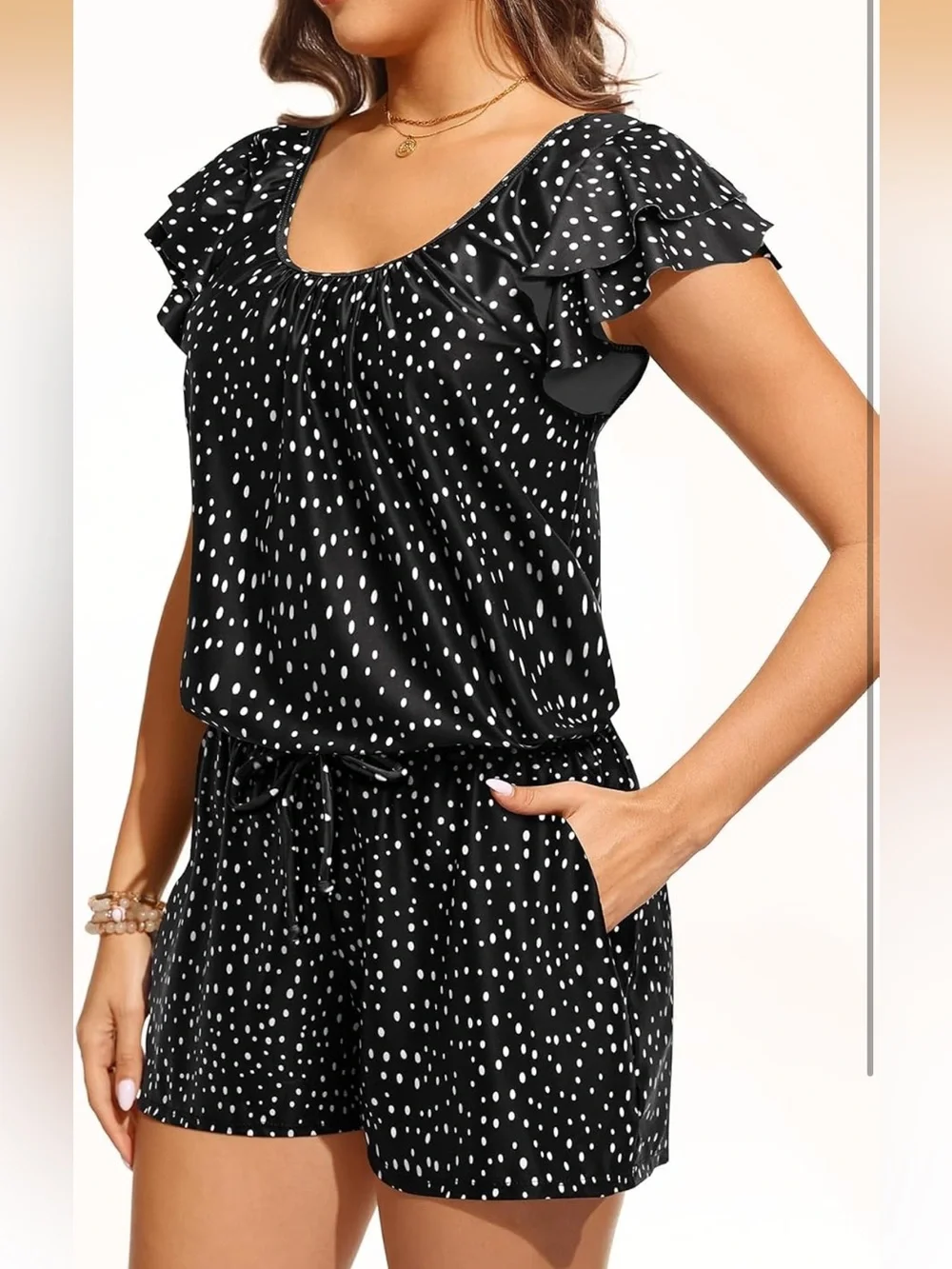 One Piece Romper Swimsuit - Ruffle Sleeve Modest Jumpsuit W/Shorts. 1967/8-3